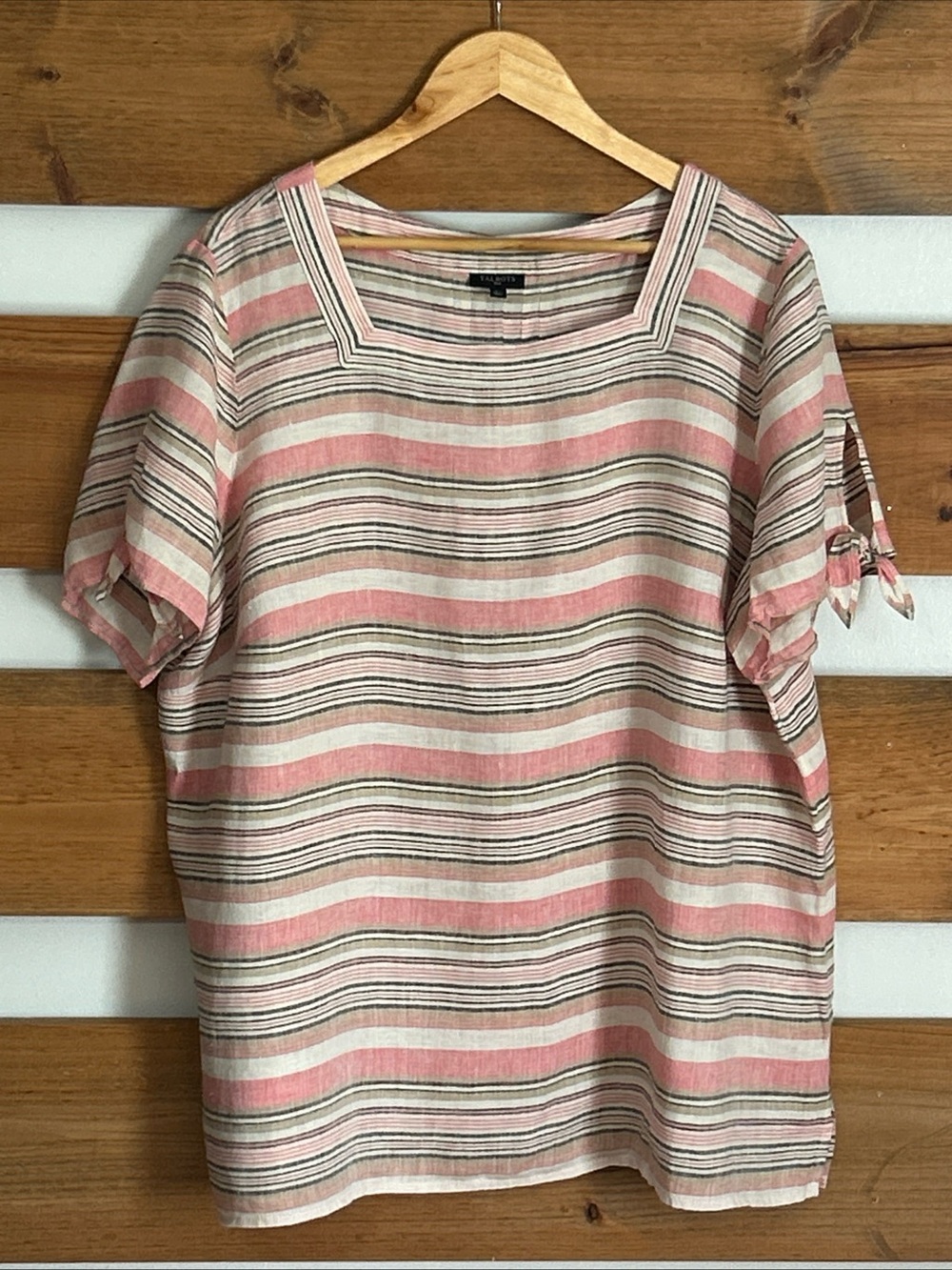 Talbots Cool Color Striped Square Neck Short Sleeve w/Ties Linen Blouse Size 2X